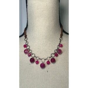 Pink Agate Beaded Statement Necklace Leather Cord Silver Tone Boho Bib Festival